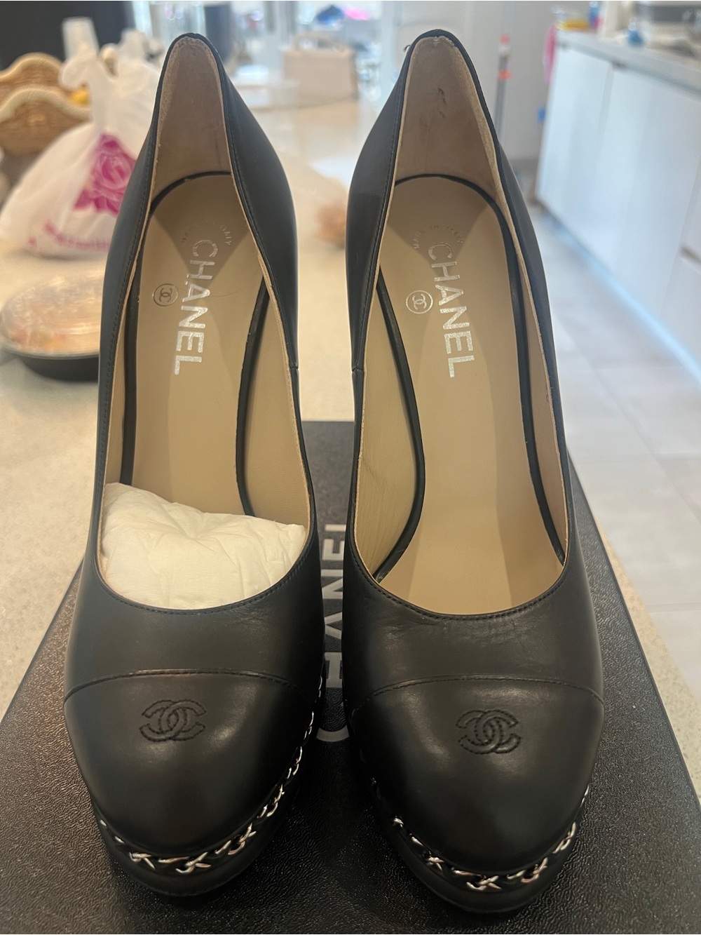 CHANEL Black Leather Cap-Toe Chain Platform Pumps